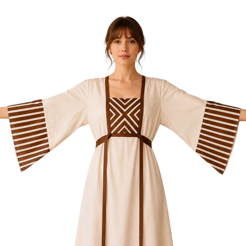 Vintage 70s Boho Caftan Maxi Dress Cream Brown Split Sleeve Festival L XL -